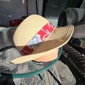 Summer straw hat with Red Floral Scarf